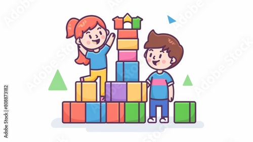 A cute line drawing of children playing with colorful building blocks