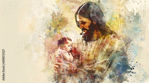 Jesus Christ with baby Jesus in his arms, digital watercolor painting.