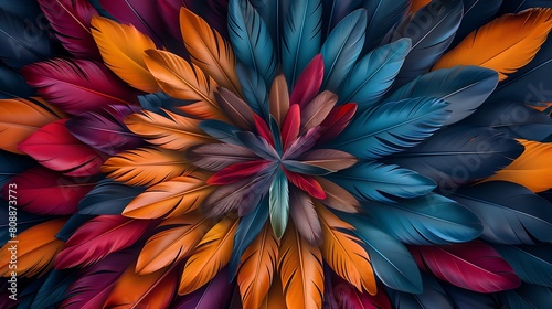A mandala formed by the delicate arrangement of feathers, showcasing the beauty and variety of colors in nature © Color Crafts