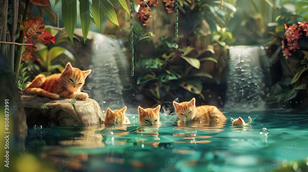 Tropical Resort Terrarium: Hyperrealistic Felt Kittens, Swimming, Warm Palette