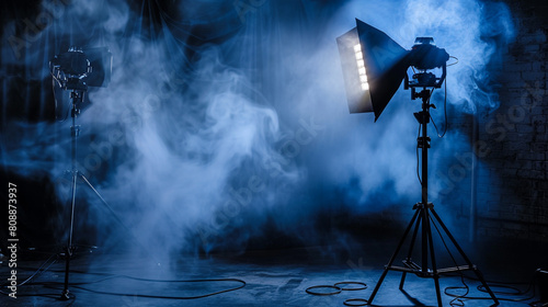  cinematography maker video photography set tools electric room dark smoke lights led blurred silhouette film production background using spotlight audio director lamp cinema motion picture