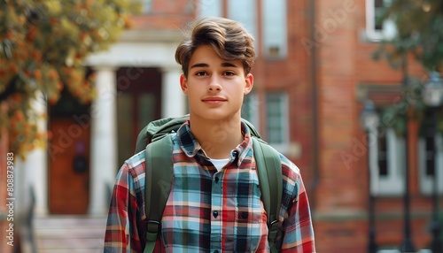 young college student standing outside on a fall day wearing plaid and a book bag 