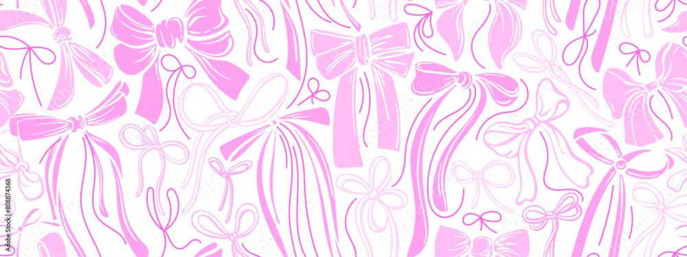 Pink bow seamless pattern. Vector sketch ribbons