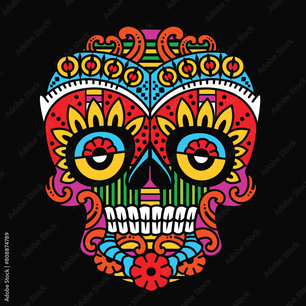 colorful skulls patterns graphic print, It represents death in the next world, Design element for logo, tattoo, textile, fabric pattern design decorations templates and other designs.