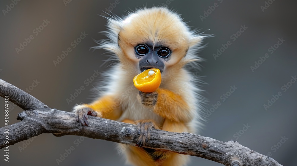 Primate baby munches on an orange while perched on a tree branch in the wild