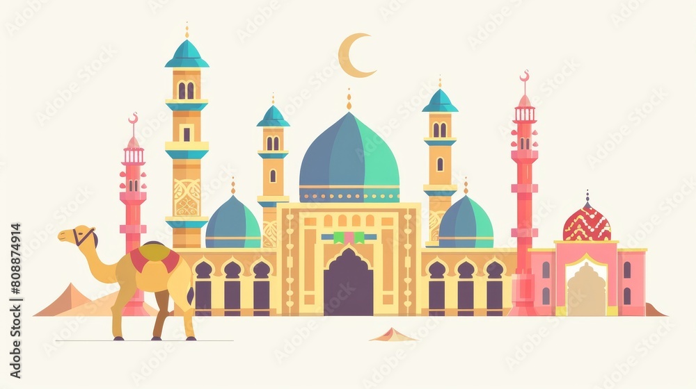 Mosques in flat style depicting camels and colors for Ramadan