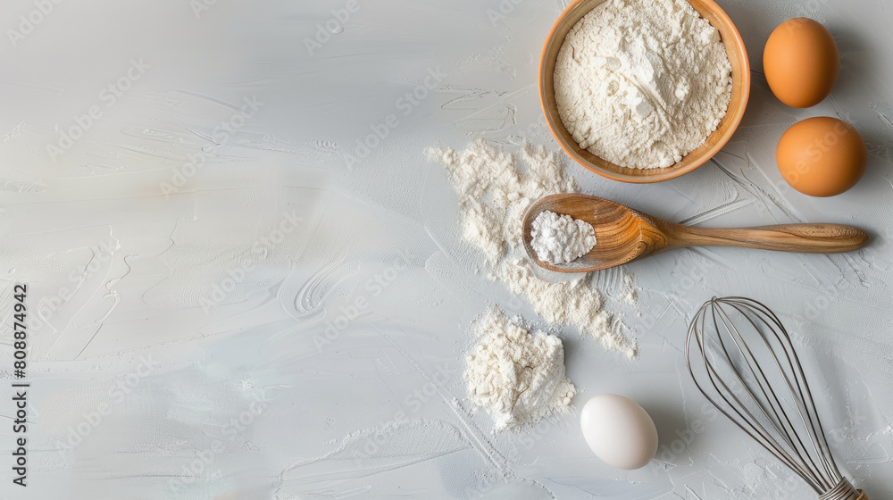 Baking background with flour, eggs, whisk