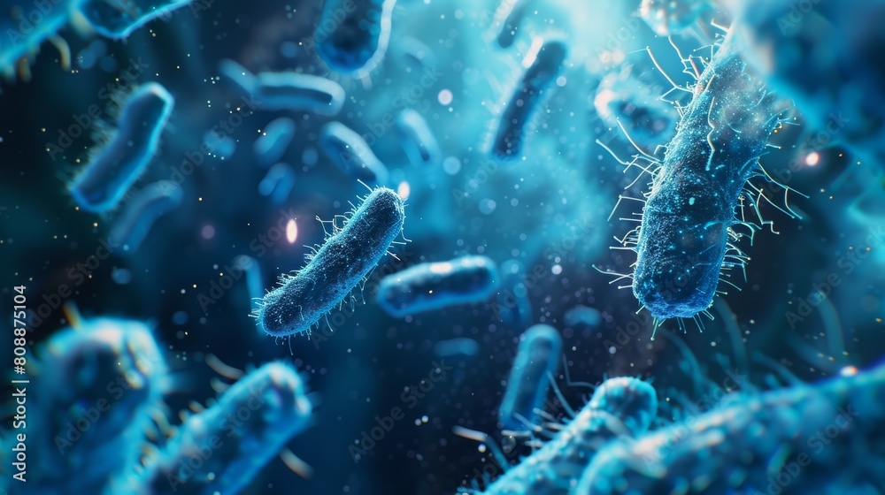 Vivid depiction of bacteria in a microscopic world, highlighting the beauty and complexity of microbiology Vivid depiction of bacteria in a microscopic world, highlighting the beauty and complexity of microbiology