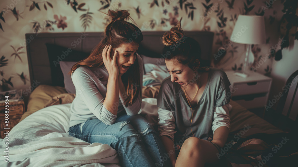 Naklejka premium Lgbtq, woman and frustrated for couple fight in bedroom of home with conflict, crisis or problem in relationship. Lesbian, partner and girl on bed with stress, anxiety and depressed for argument Stock