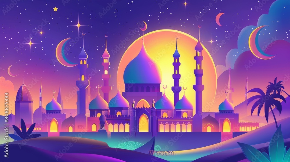 This Ramadan Mubarak calligraphy, with a colorful mosque and giant moon on a purple background, symbolizes a generous holiday of generosity