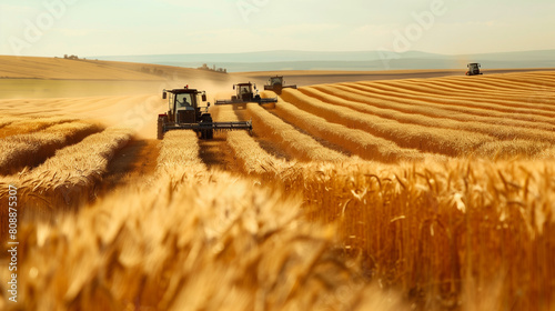 Rural Harvest: Group of Farmworkers Gathering Ripe Wheat in the Fields. Generative AI. photo