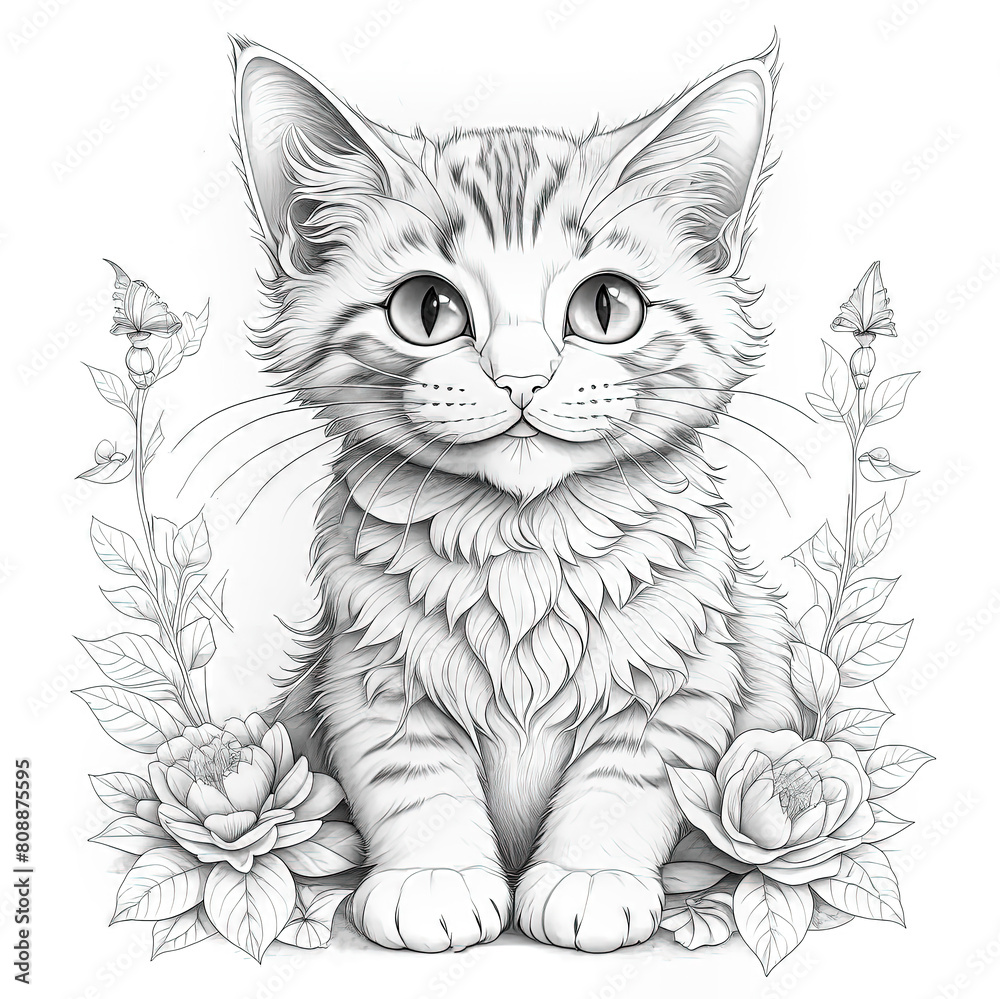 Black and White Drawing of a Kitten, Main Coon, Persian, Mandala with ...