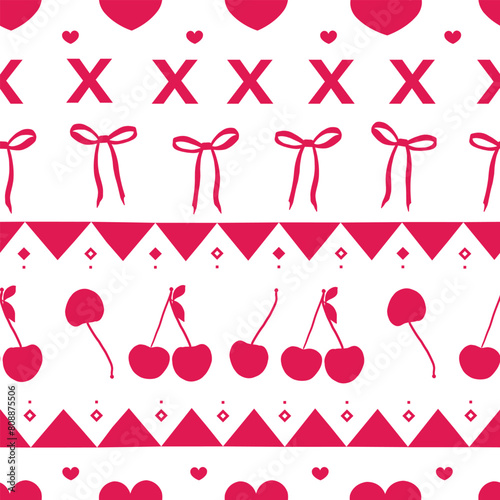 Cherries, heart, bow ties red colored seamless fabric design vintage designed pattern