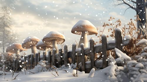 A peaceful scene of agaricus mushrooms in a snowy meadow with a rustic wooden fence and snow-covered trees. photo