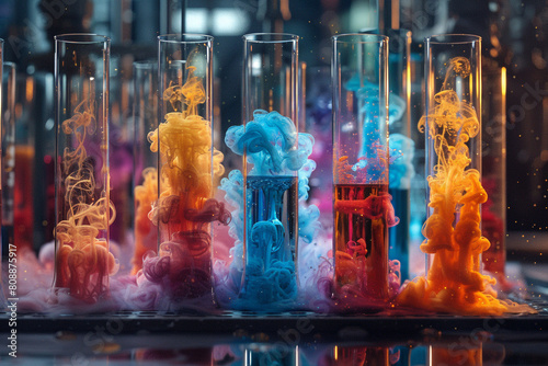 Knolling composition of translucent beakers overflowing with vibrant, immiscible liquids. photo