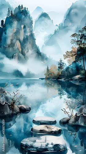 Tranquil and Peaceful: Photo-realistic Zen Zone Watercolor Illustration of an Office, Promoting Relaxation and Focus