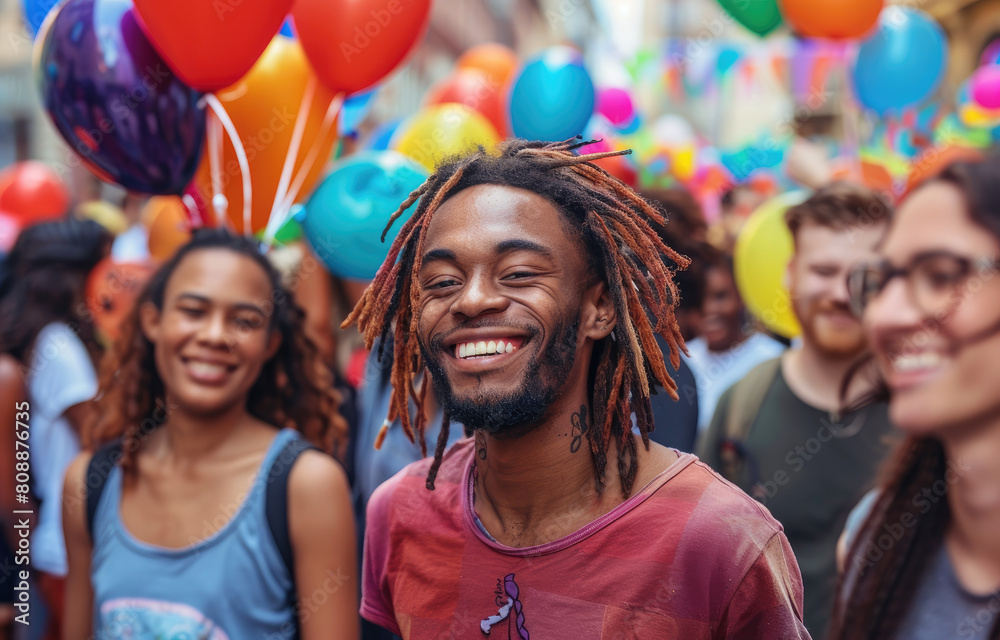 A group of smiling young people walking at the street, surrounded by colorful balloons and flags celebrating love and diversity on Worldbeing Day in celebration for international human rights day