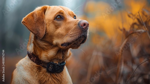 In a natural environment, a portrait of a Labrador retriever dog.