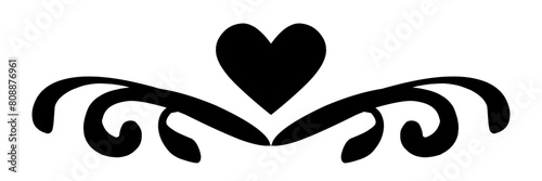 simple vector element, design, black divider for text with monogram, feathers and heart in the center. Abstract angel symbol for Valentine's Day, mother's day, wedding's day