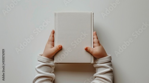 hands holding blank book, blank paper.