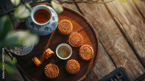 The Chinese holiday name is written in Chinese characters on a wooden round table for mid-autumn festival mooncakes and hot tea