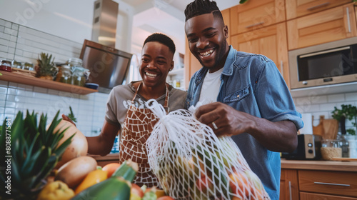 Low angle view of cheerful african american gay couple removing groceries from mesh bag in kitchen Stock Photo photography photo