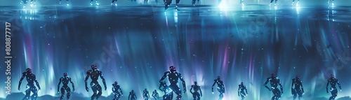 Craft a visually striking image showcasing a group of robotic dancers in a meticulous choreography beneath the wondrous spectacle of the Northern Lights photo
