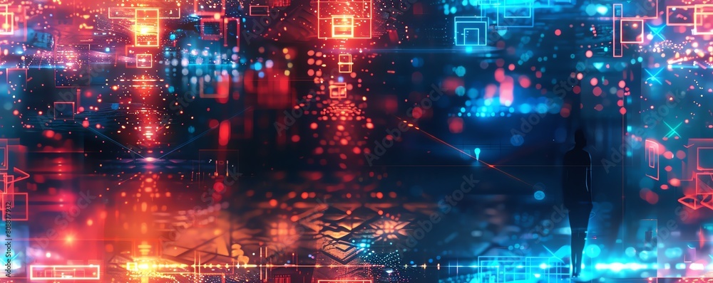 Create a rear-view silhouette of a human figure surrounded by abstract geometric shapes, blending oil painting richness with CG 3D depth and vibrant neon lighting