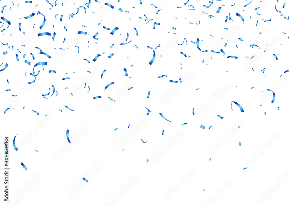 Blue confetti, falling paper ribbons isolated on white background. Birthday party decoration. Vector illustration.