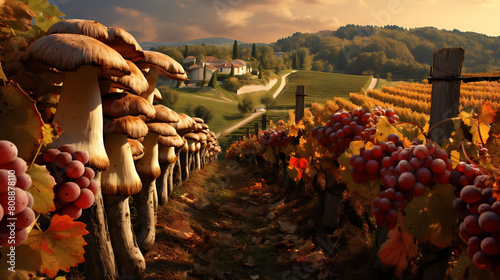 A picturesque autumn scene with agaricus mushrooms growing along a vineyard row, with grapes ready for harvest. photo