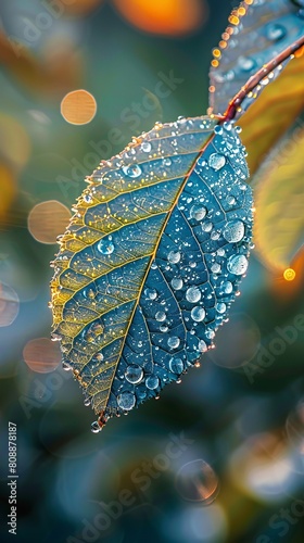 close-up of a leaf adorned with glistening dew droplets, showcasing the beauty of nature's intricate details