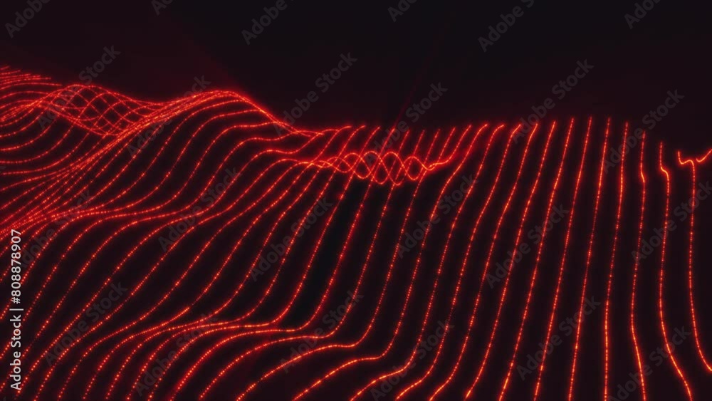 Red waves on a black background, glow and create rays of light that are ideal for science videos, or motion design
