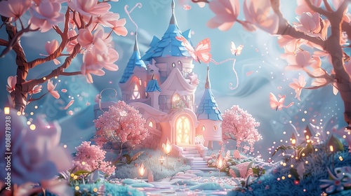 Enchanted fairy tale castle amidst a magical floral landscape glowing with mystical light