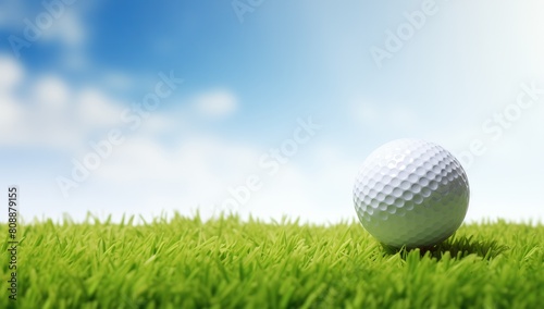 Golf ball on the grass, blue sky background, banner design, copy space concept