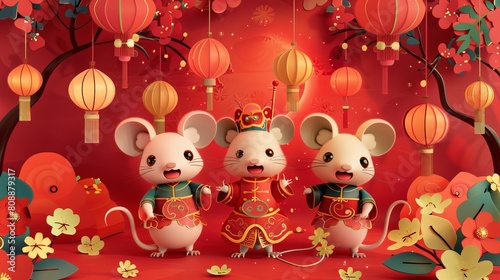 The Chinese text translation, mouse, spring, fortune, is on the back of each piece of paper art. There are cute mice dressed in folk costumes holding doufang on a red background with lanterns and photo