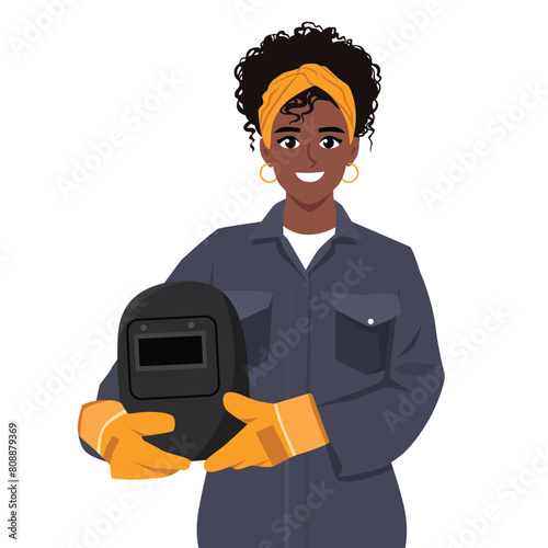 Young black woman welder in a uniform holding a protective helmet. Flat vector illustration isolated on white background