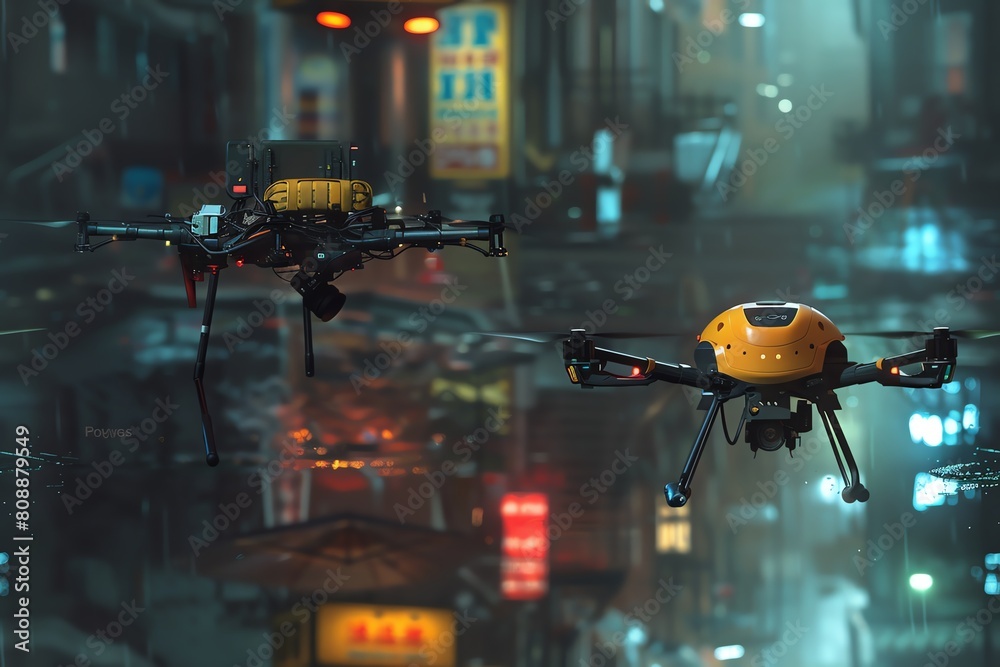 Illustrate a sleek flying drone silently observing a deserted city street at night Illustrate a sleek flying drone silently observing a deserted city street at night