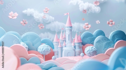 Enchanting miniature fairy tale landscape with colorful castles amid clouds and fluttering butterflies