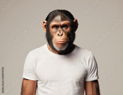 portrait of an ape in a plain white t-shirt