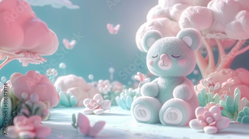 Whimsical toy teddy bear in a magical pastel forest surrounded by dreamy flora and fauna