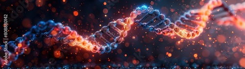DNA structure illustrated with a combination of vibrant and dark colors, emphasizing its complexity in a visually striking manner © pengedarseni