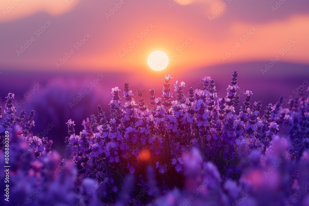 Naklejka premium The image captures a stunning sunset while lavender flowers in the foreground invite a sense of calm and reflective solitude