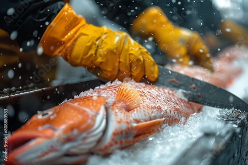 With precision, a chef in yellow gloves descales and prepares a red snapper on ice for cooking photo