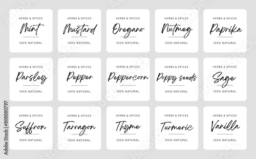 kitchen pantry labels premade design template for herbs and spices, grain and cereals. cooking ingredient organizing printable stickers for jars 