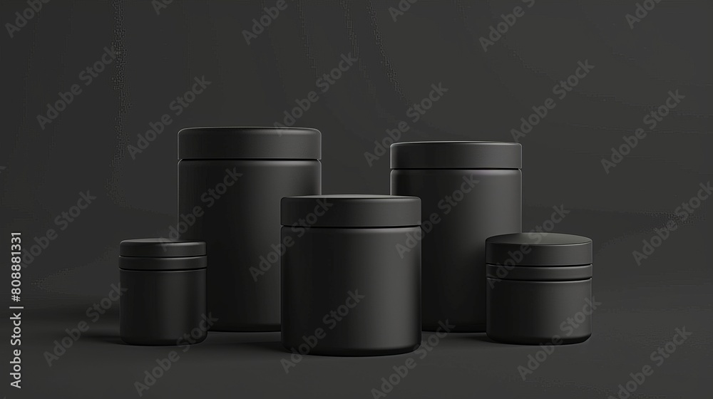 The blank charcoal cosmetic containers are shown in 3D The blank charcoal cosmetic containers are shown in 3D