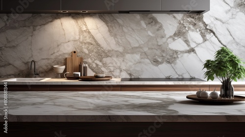 Marble stone countertop on kitchen interior background. © rehman