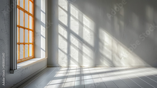soft window light casting shadows on a clean white wall, minimalistic interior design