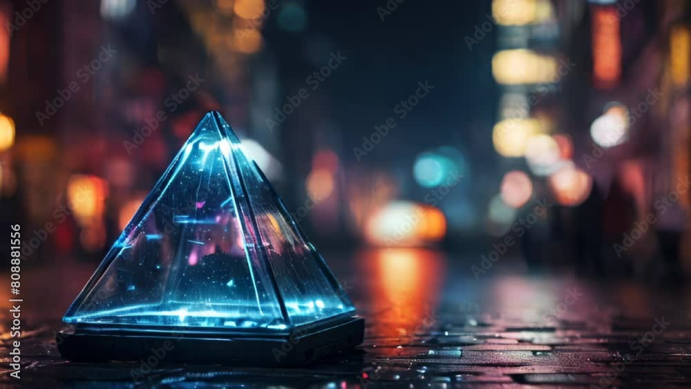 Illuminated glass pyramide on a city street at night, reflecting vibrant neon lights with a blurred urban background.