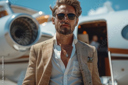 Fashionable man with blonde hair wearing a stylish suit, standing confidently before a private jet