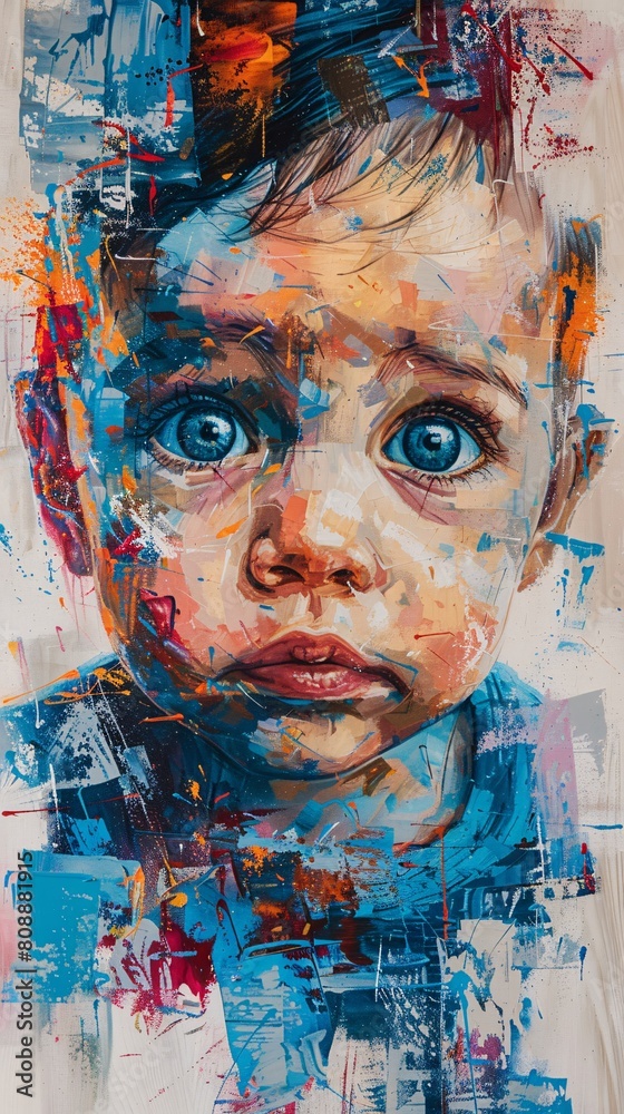 a modern abstract portrait of an adorable baby, blending contemporary artistry with innocent charm
